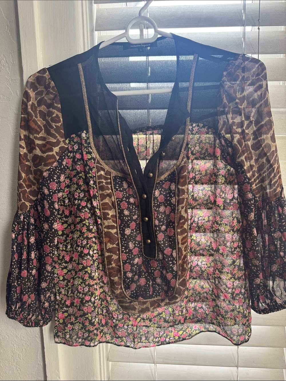 $5 CLOSET CLOSING Nanette Lepore Sheer Floral Leopard Mixed Pattern Top